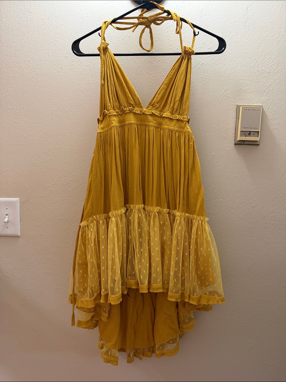 Yellow Halter Tie Polka Dot Ruffle Dress